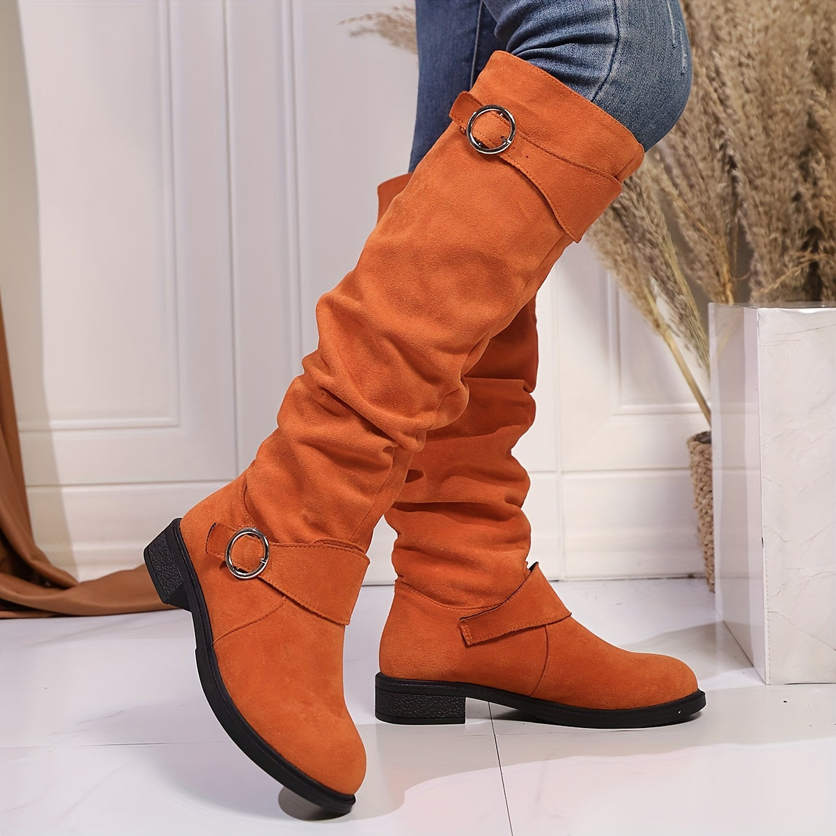Women's Velvet Knee-High Boots with Buckle, Solid Color, Low Heel