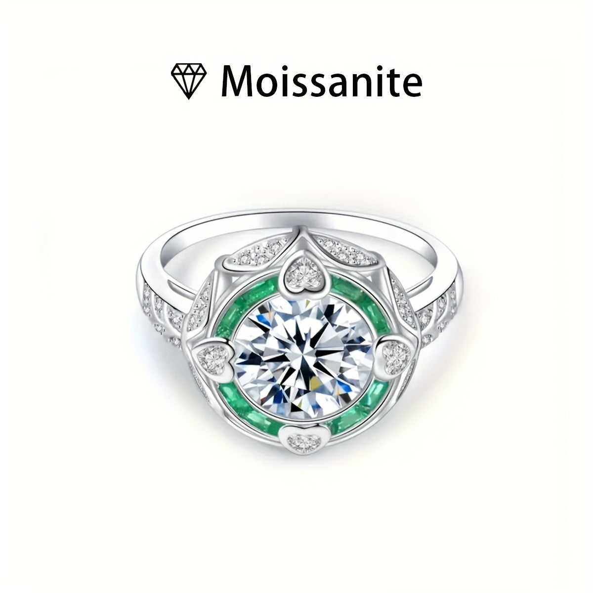 Women’s 2Ct Moissanite Engagement Ring Silver Bohemian Court Style Green Accents