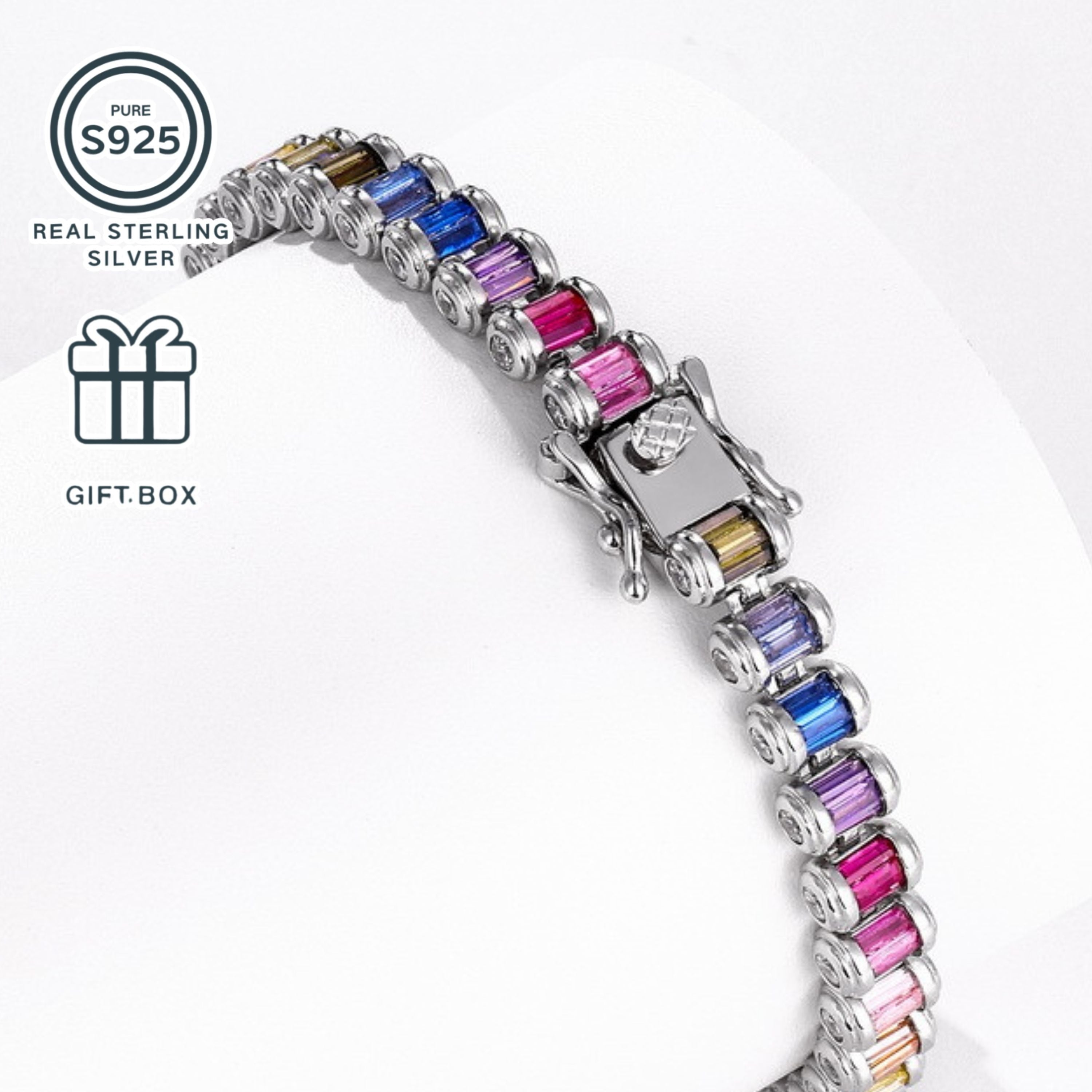 Colorful CZ Sterling Silver Bracelet for Women Festive Gift Jewelry