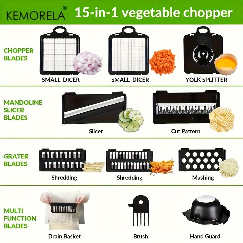 Набор для нарезки овощей и фруктов 15-в-1 с 7 лезвиями и корзиной для слива