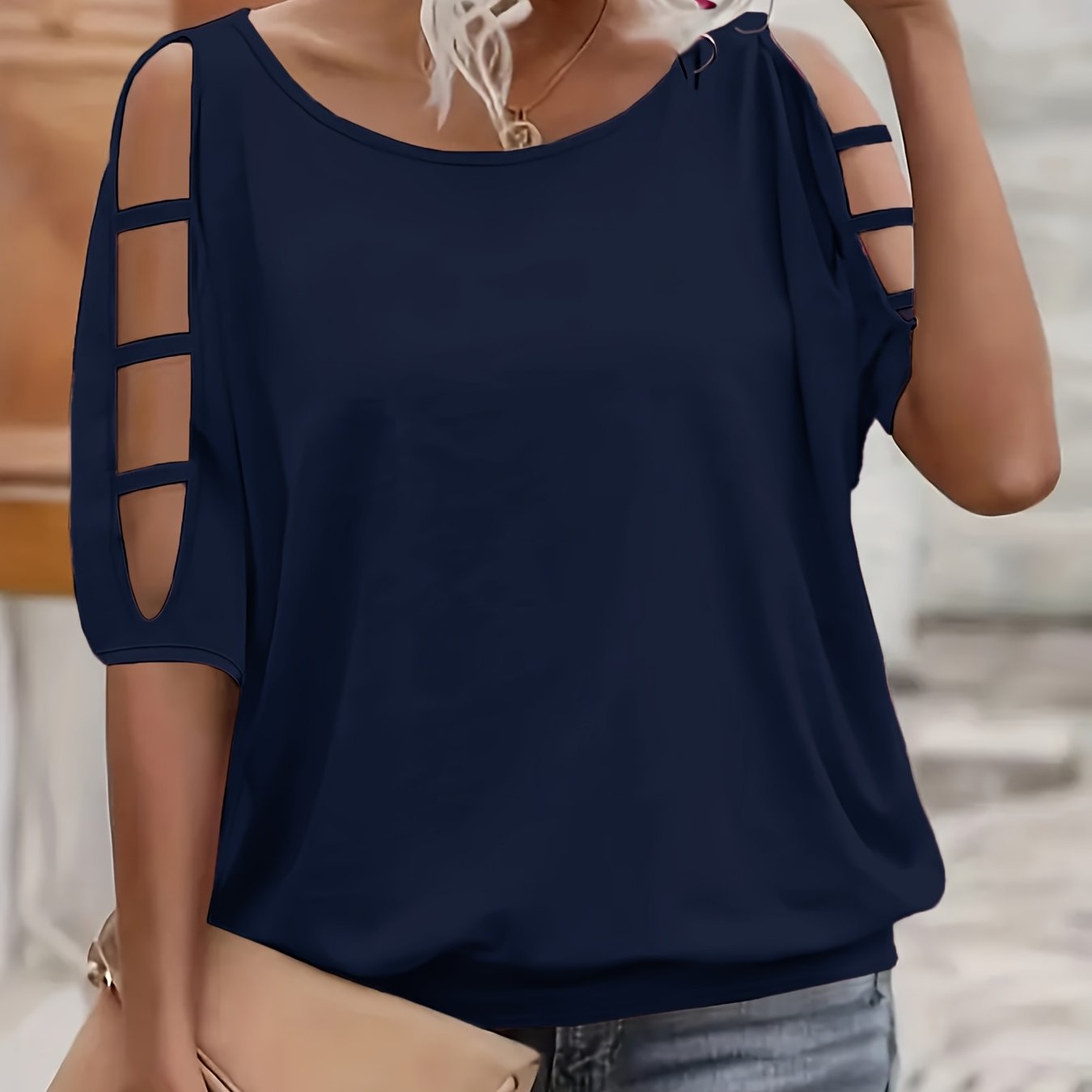 Plus Size Women's Black Long Sleeve T-Shirt with Openwork Cut-Outs