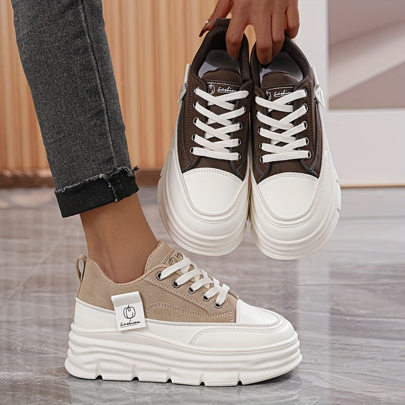 Women's Casual Platform Sneakers White Brown Comfort Low Tops Rubber Sole