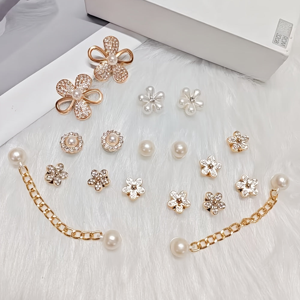 Women Faux Rhinestone Shoe Charms Set with Flowers and Chains 18pcs