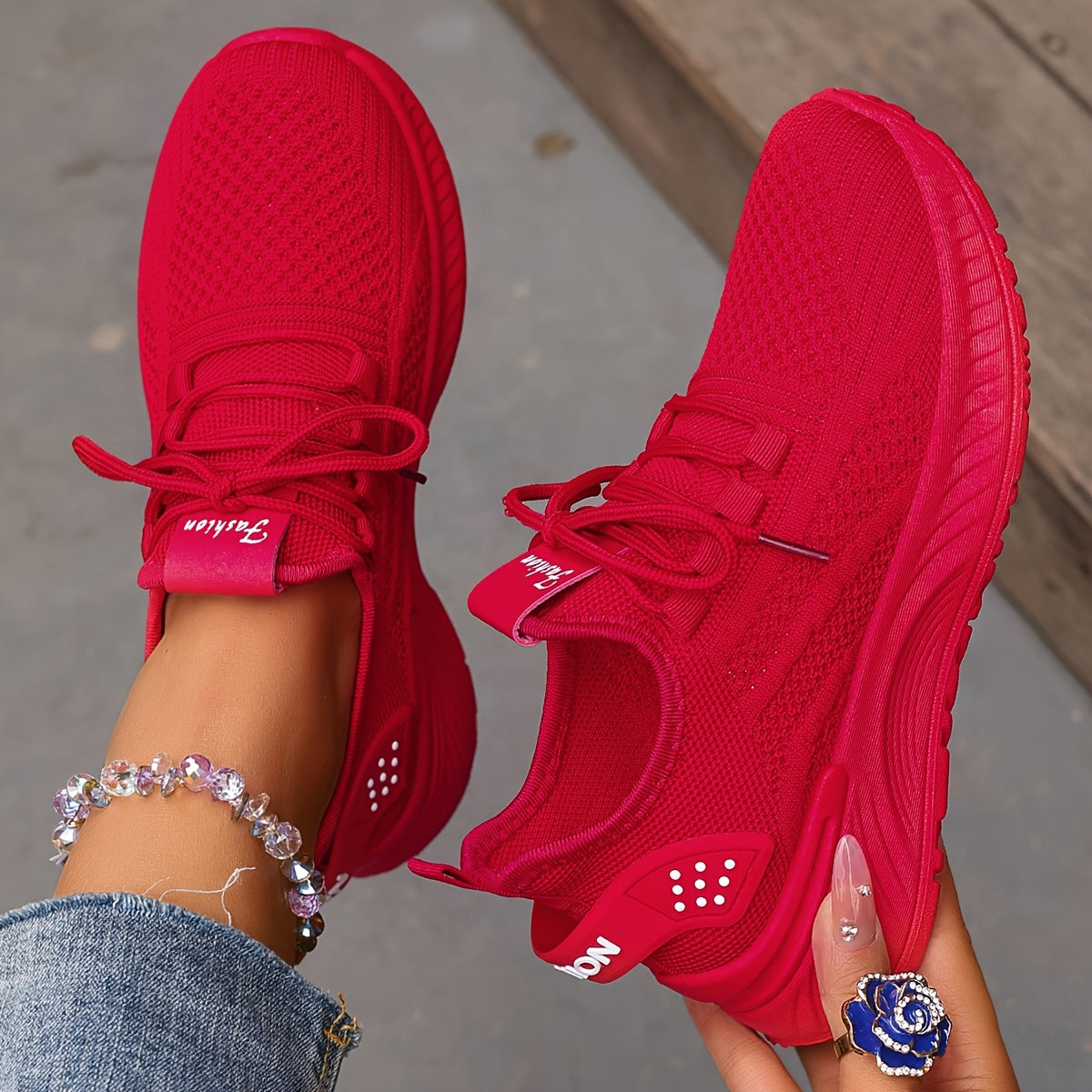 Women's Breathable Knit Sneakers Lightweight Casual Running Shoes Beige White Red