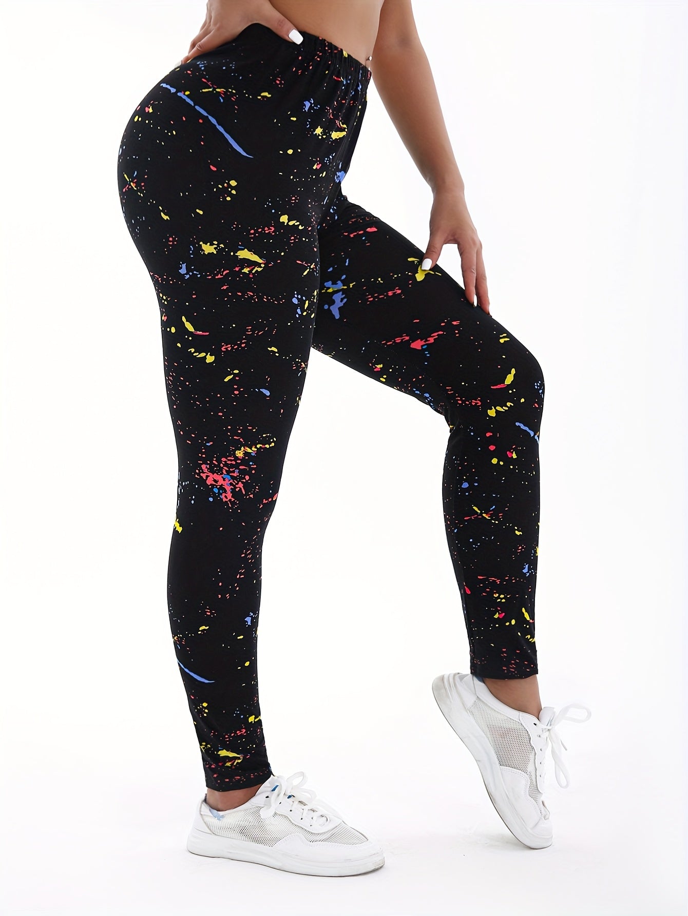Plus Size High-Waisted Yoga Pants Black Graffiti Tie-Dye 4-Way Stretch Workout Leggings