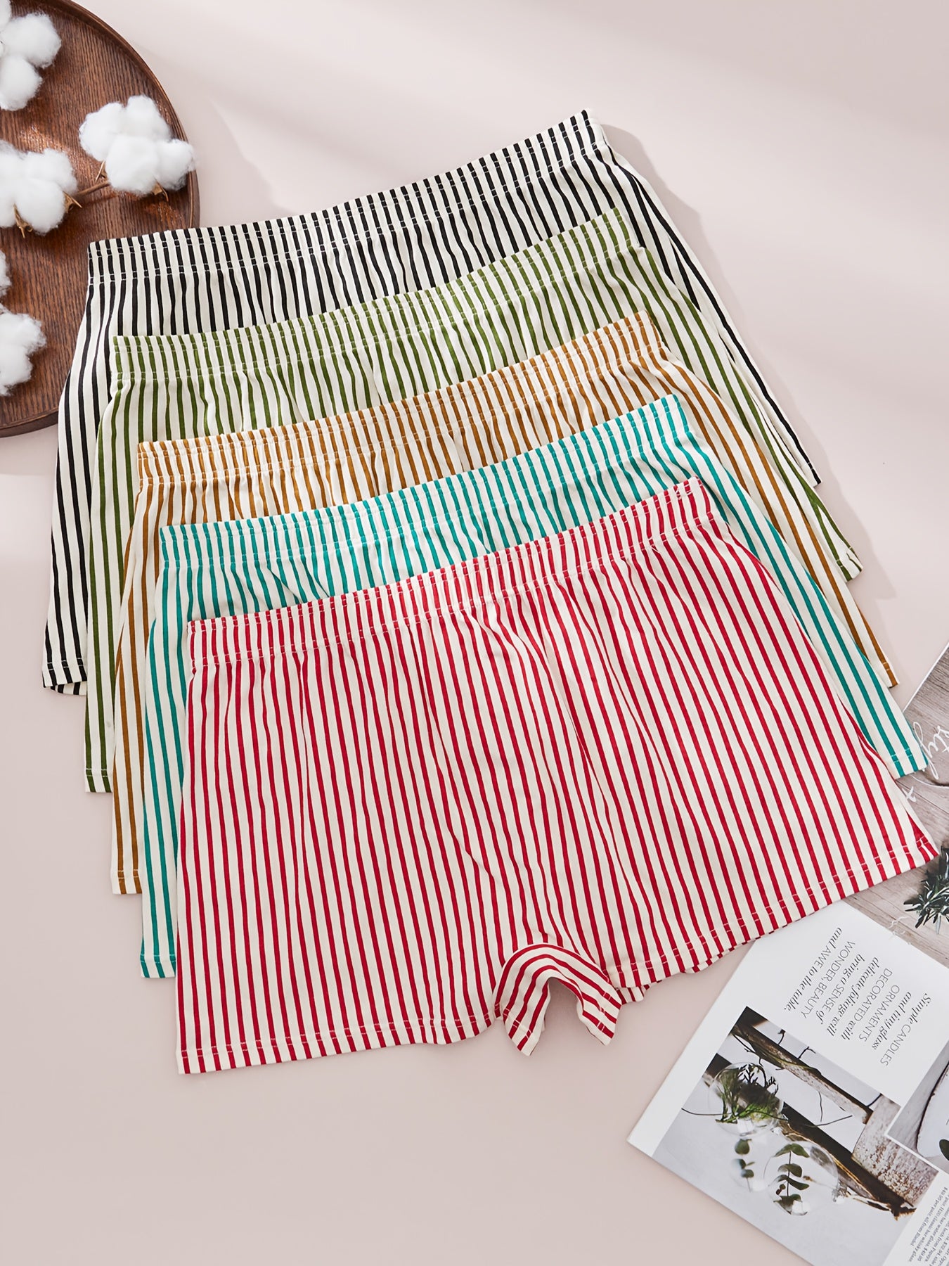 Men's Cotton Blend Striped Boxer Briefs Set of 5 Breathable Comfortable Underwear