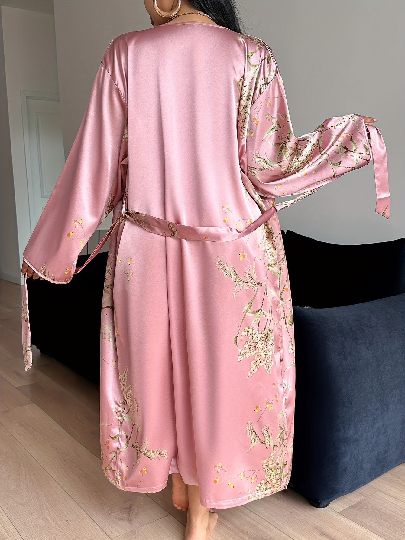 Women Plus Size V-Neck Tie Front Long Robe Floral Print Polyester Lounge Sleepwear