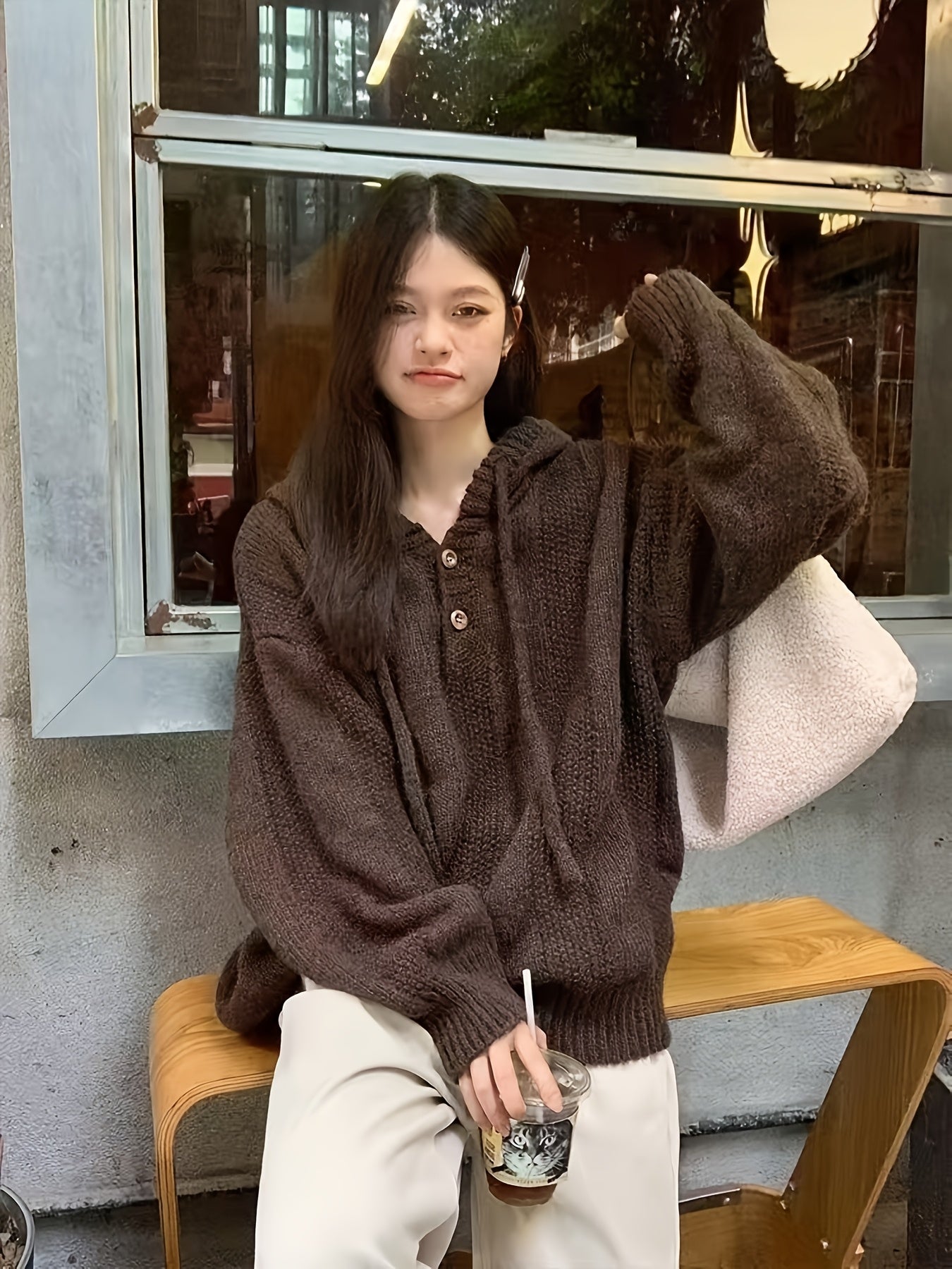 Women's Oversized Hooded Sweater with Drawstring Long Sleeve Knit Polyester Fall Winter