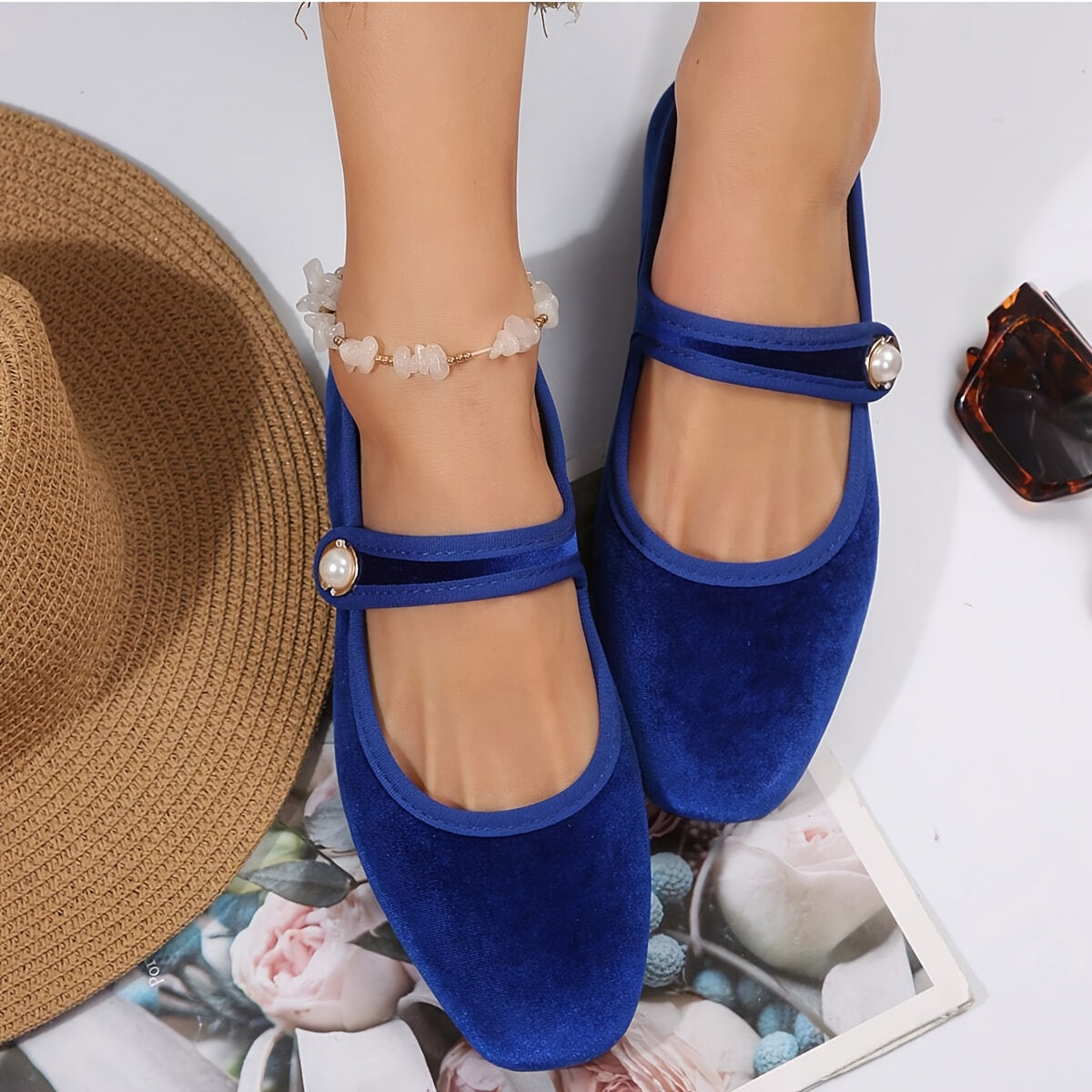 Women's Square Toe Ballet Flats with Adjustable Buckle Royal Blue Corduroy