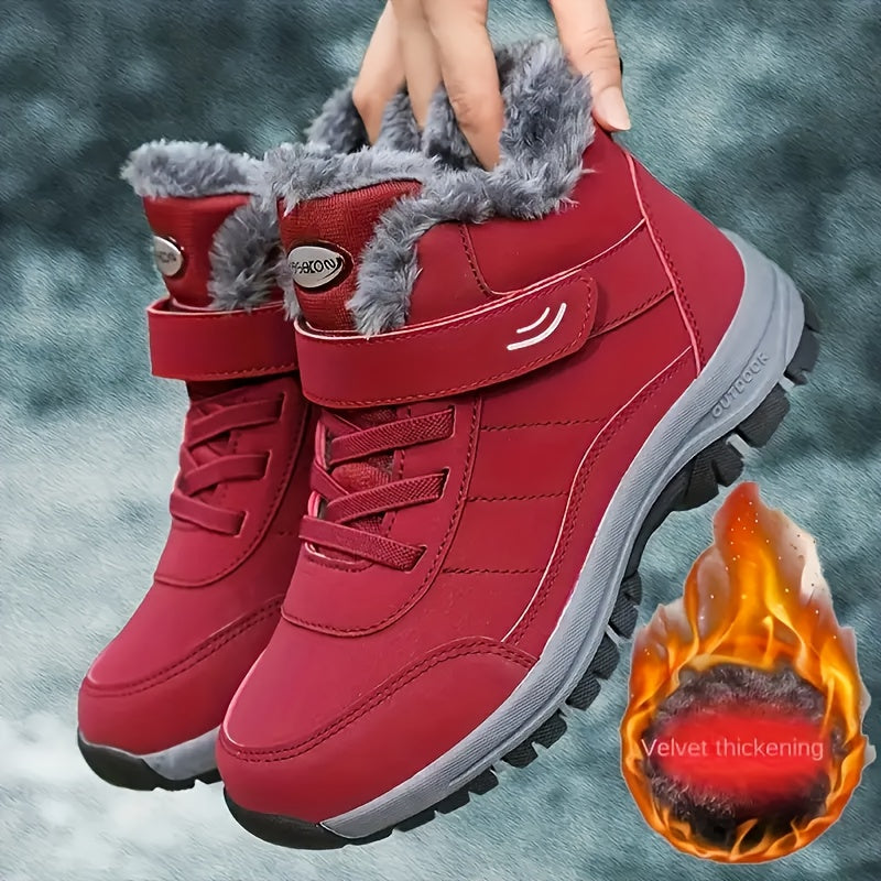 Women's Winter Snow Boots Faux Fur-Lined Ankle Hiking Shoes Non-Slip Red