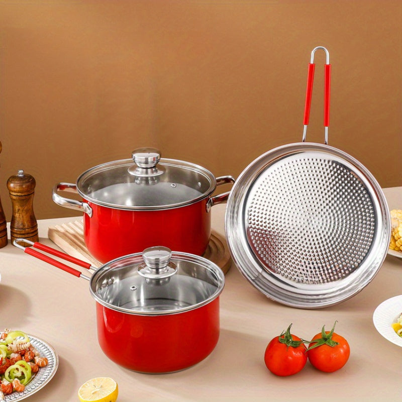 Set of 5 Stainless Steel Red Pots and Pans Kitchen Cookware Set with Milk Pan Frying Pan Soup Pan