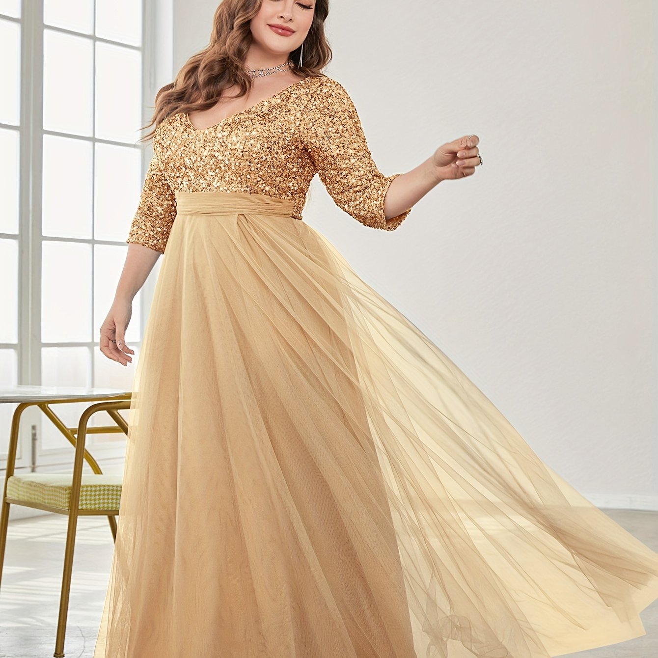 Vestido largo de novia y dama de honor con lentejuelas de talla grande, falda de tul