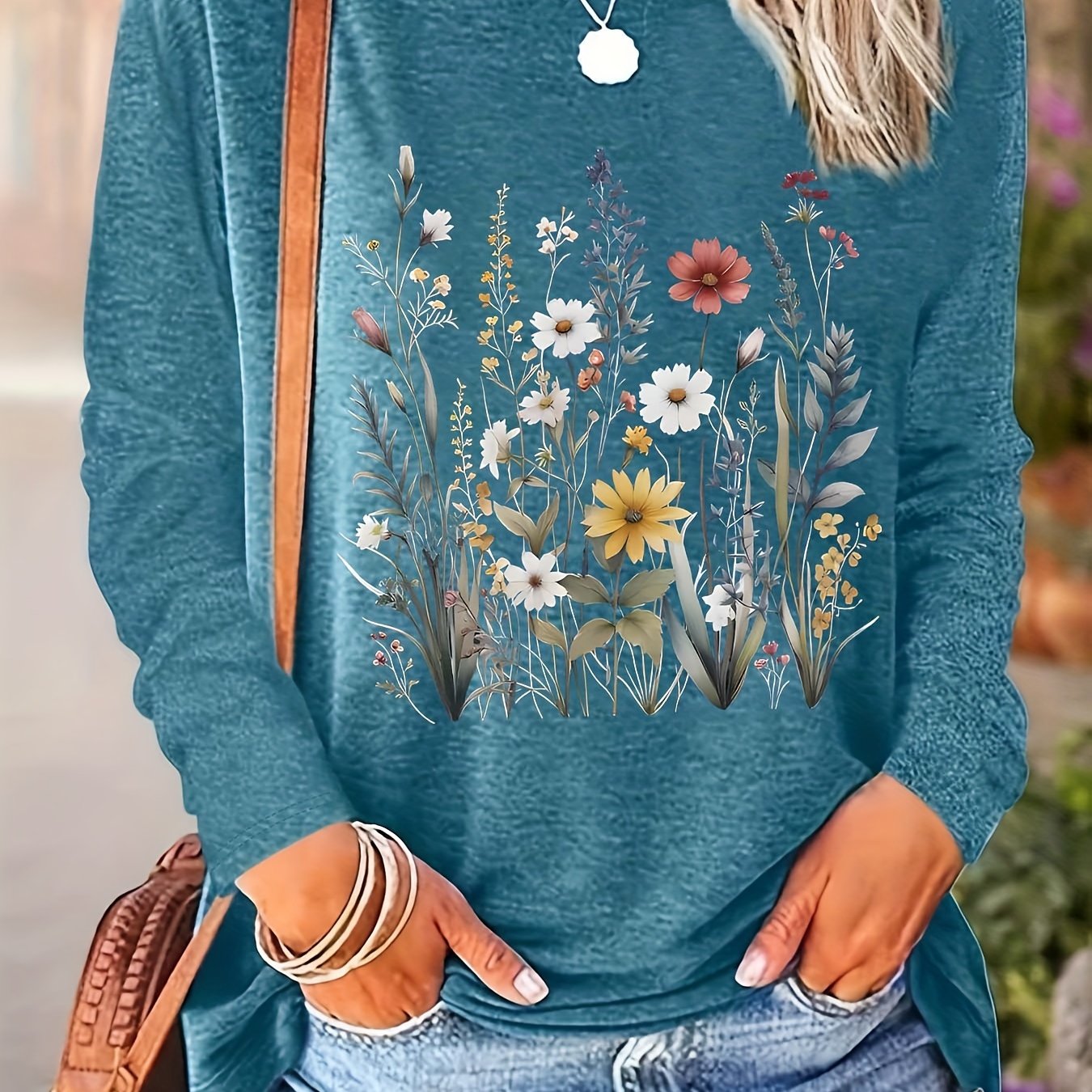 Women's Plus Size Floral Print Long Sleeve T-Shirt for Spring Fall