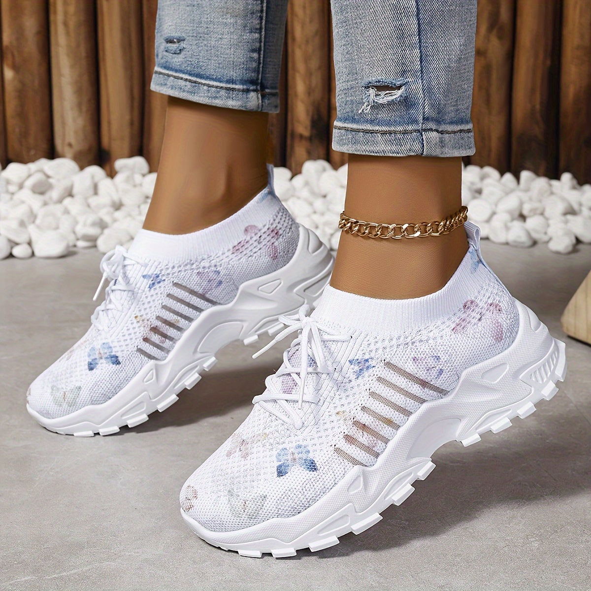 Women's White Breathable Running Sneakers with Pastel Purple Blue Accents