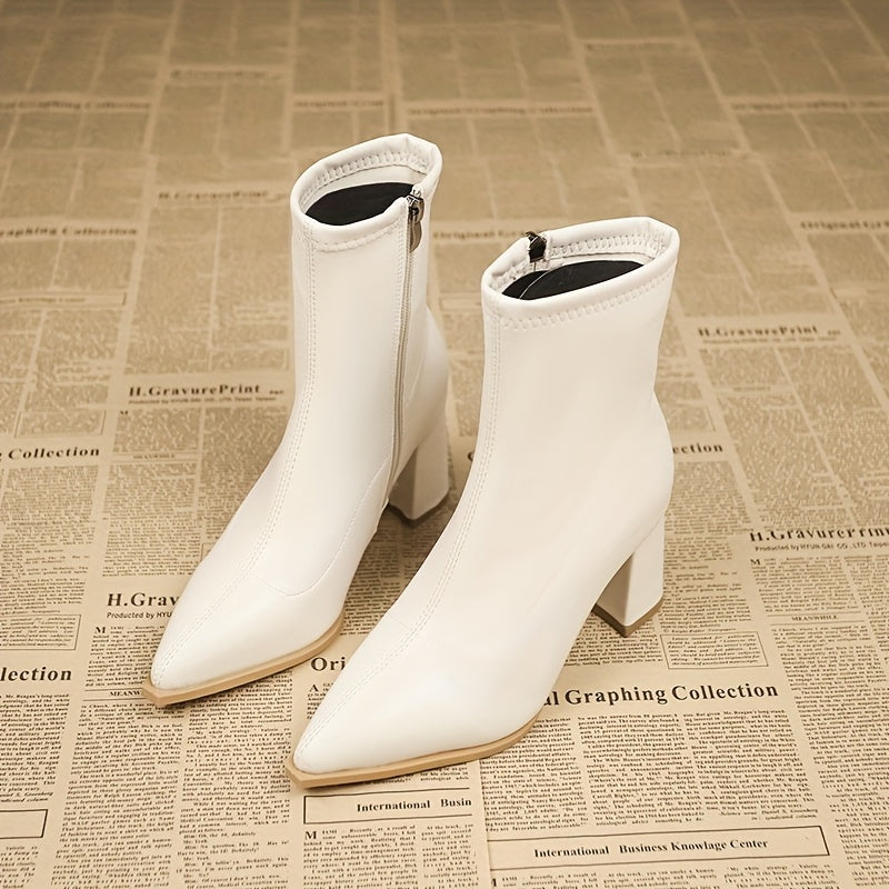 Women's Faux Leather Ankle Boots With Pointed Toe & Block Heel