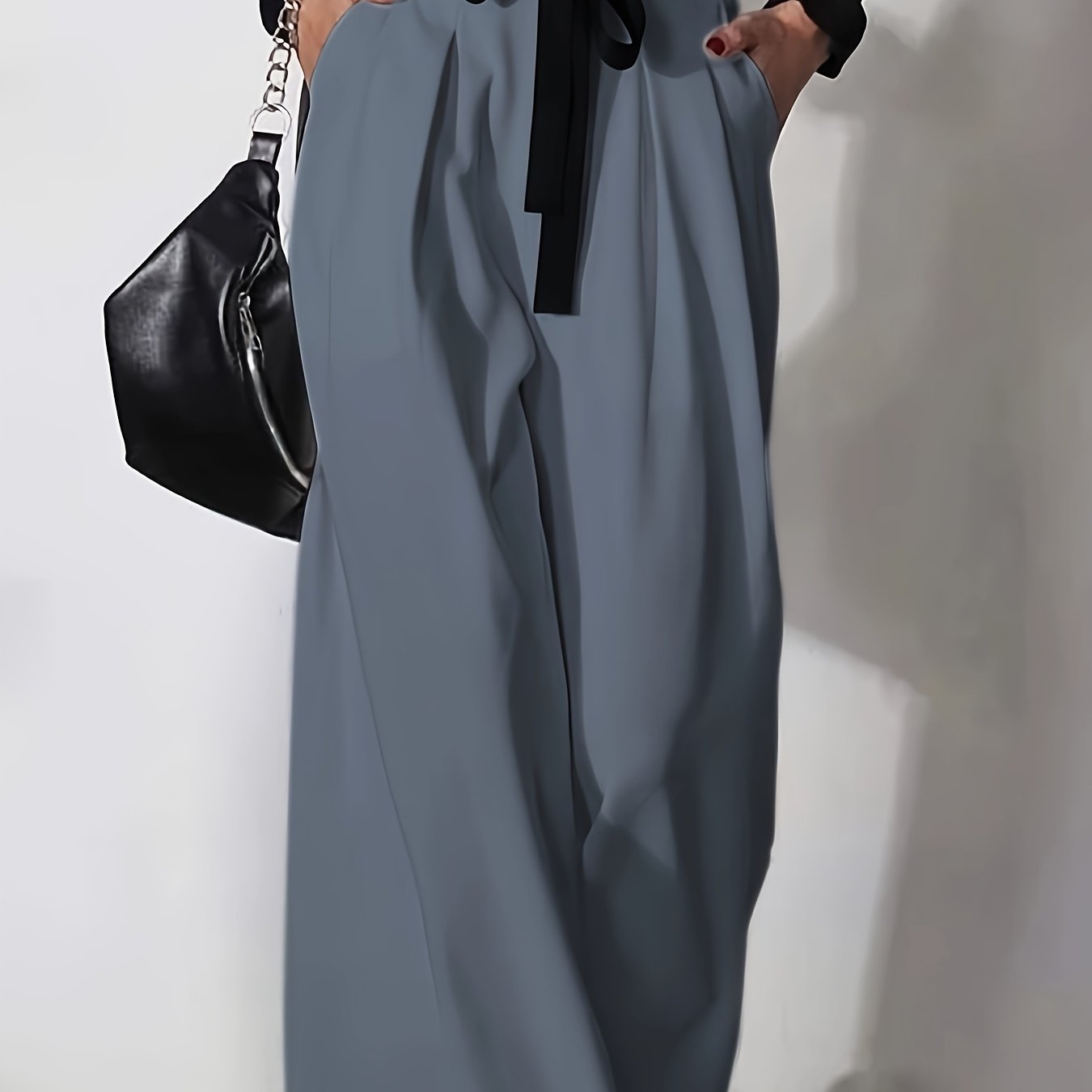 Women's Wide Leg Pants with Zipper Fly Contrast Waist Belt Solid Color Spring Fall Elegant