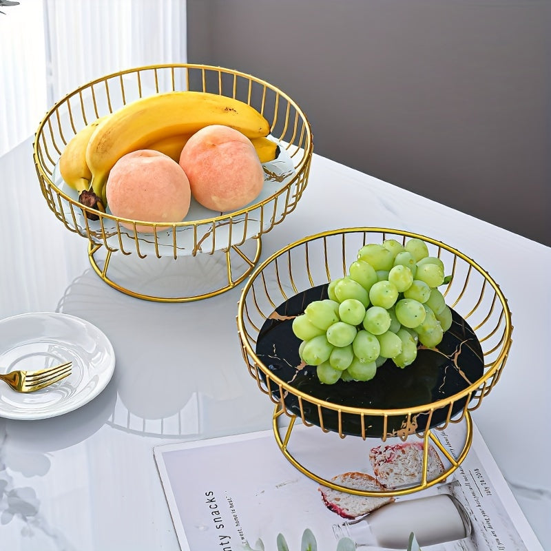 European-Style Metal Fruit Basket and Ceramic Snack Tray for Display and Decor