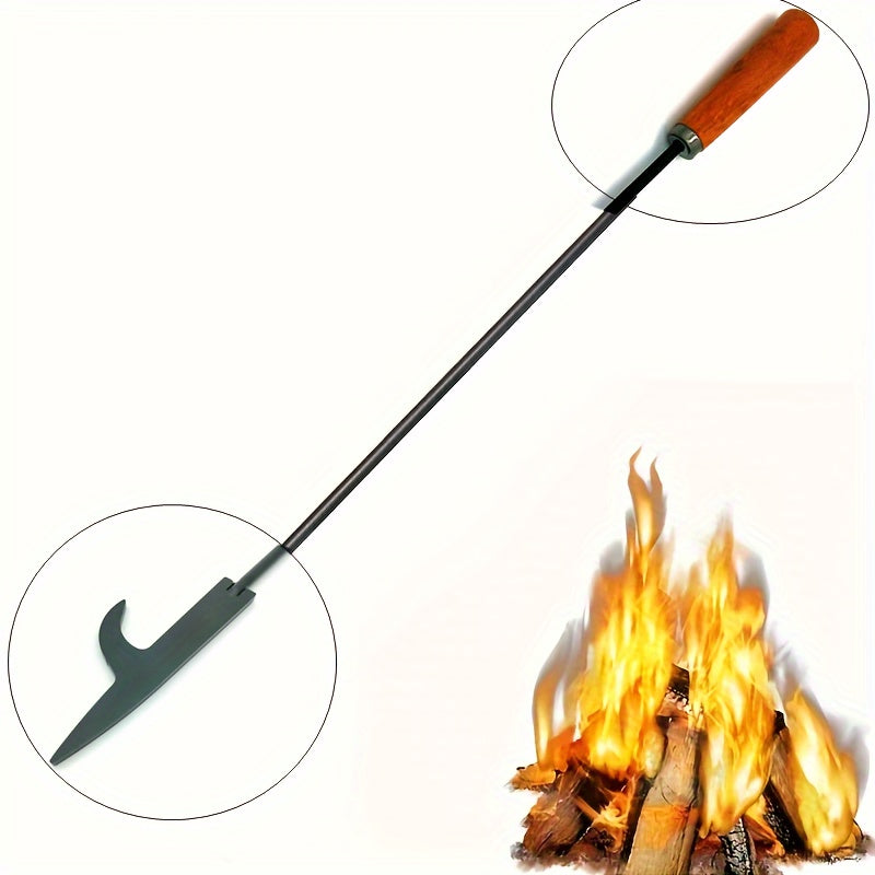 Portable Fire Pit Poker Stick with Swivel Mount and Wooden Handle for Camping and Indoor Use