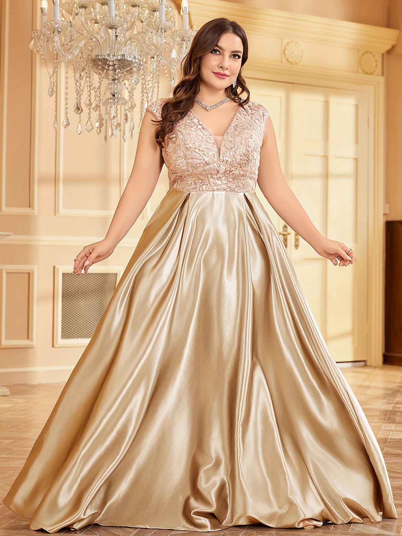 Plus Size Sequin Evening Dress Maxi Party Dress Slit Cocktail Gown