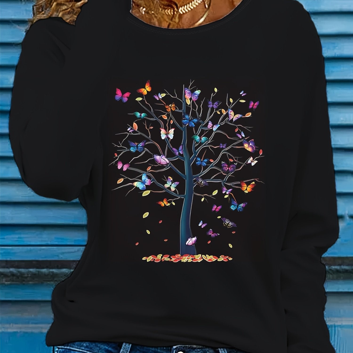 Туника для женщин больших размеров с длинным рукавом, вязаная, с принтом бабочка и деревья, повседневный стиль