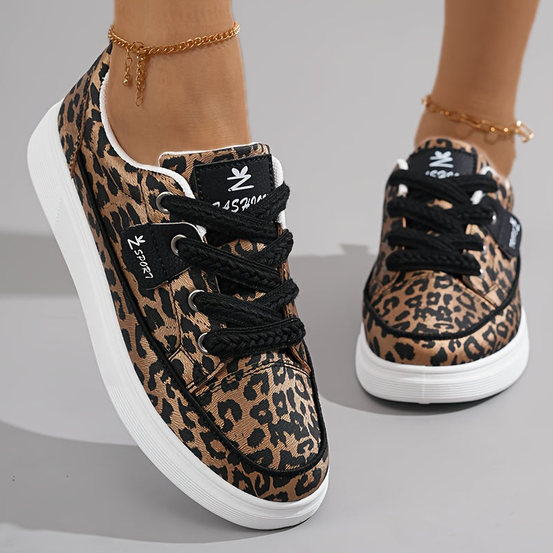 Zapatillas casuales de mujer con estampado de leopardo, con cordones, para todas las estaciones, de caña baja