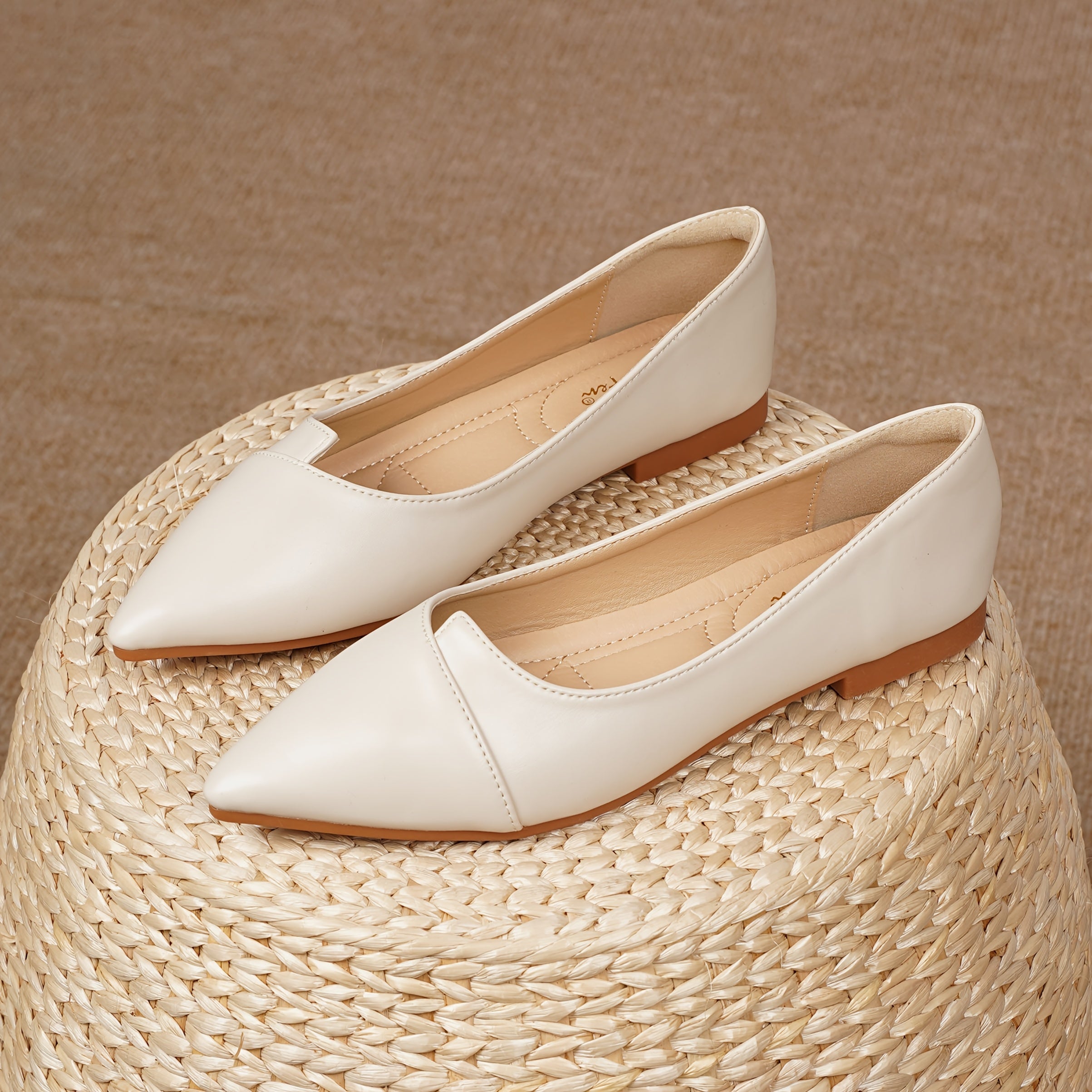 Women's Pointed Toe Flats Beige PU Slip-On Shoe All-Season Comfort