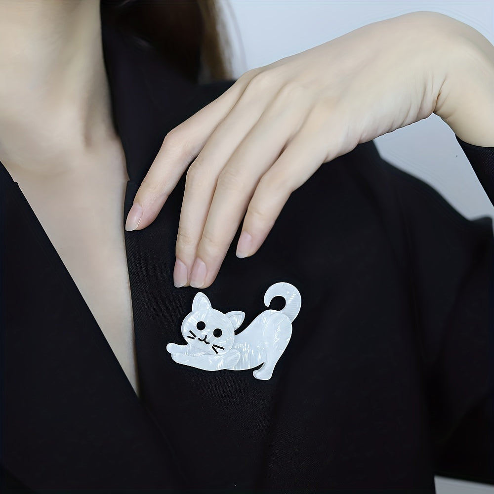 Acrylic Cat Brooch White Gray Blue Floral Design Handmade Jewelry for Women