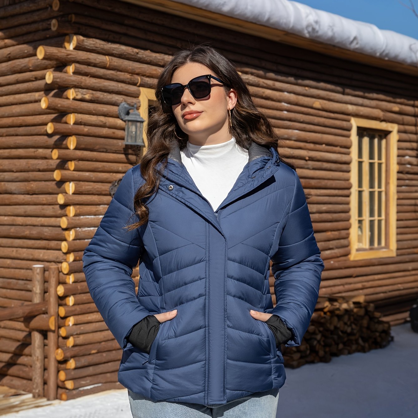 Katta o'lchamdagi ayollar uchun kapuchonli kurtka, 100% polyesterdan tayyorlangan, bir rangda, kuz/qish uchun mukammal. Cho'ntaklar va shamolga chidamli dizayn xususiyatlariga ega.