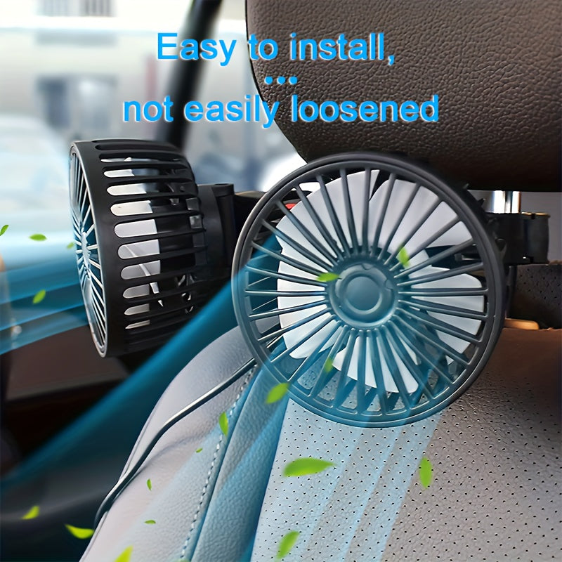 Compact Car Fan Dual-Head Rear Seat Air Cooler 5 Blades 360° Rotation