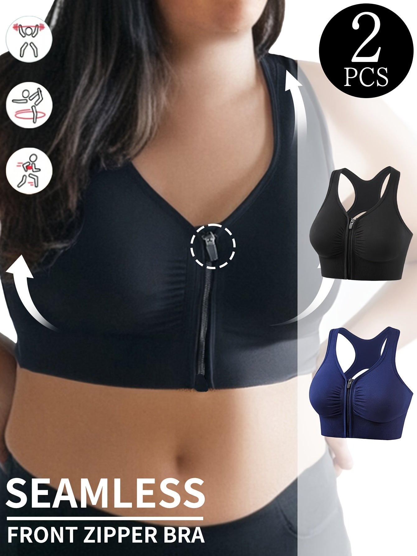 Women Plus Size Seamless Breathable Sports Bras Zipper Front Black Navy