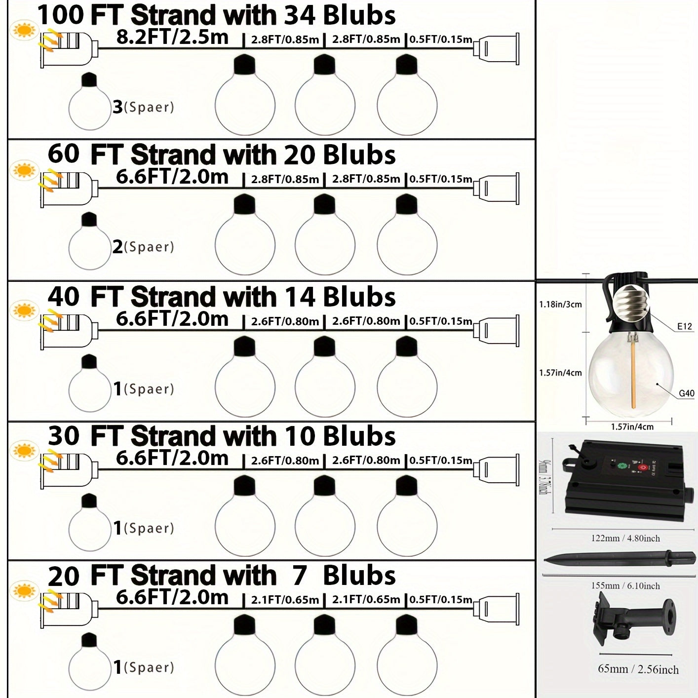 30.48m Solar Powered LED String Lights G40 Bulbs Waterproof Dimmable Outdoor Decoration
