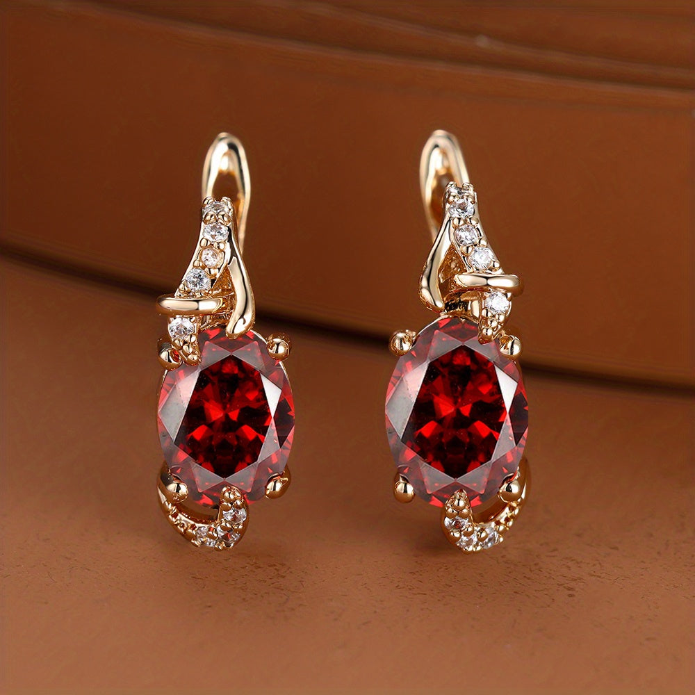 Women's Gold-Plated Earrings with Blue White Red Pink Stones Round Oval Style