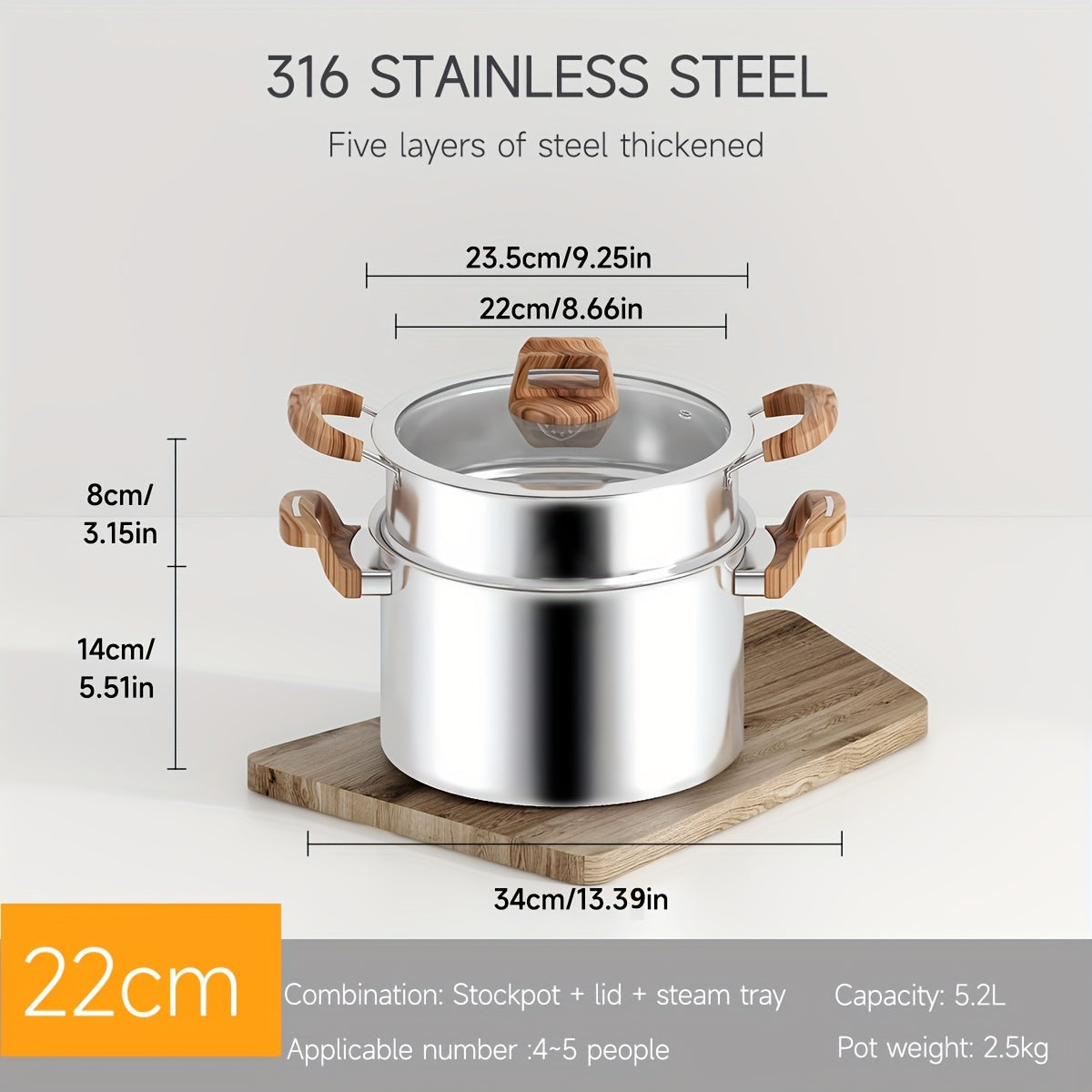 Five-Layer Steel Soup Pot with Steamer Non-Stick Induction Compatible 316 Stainless Steel