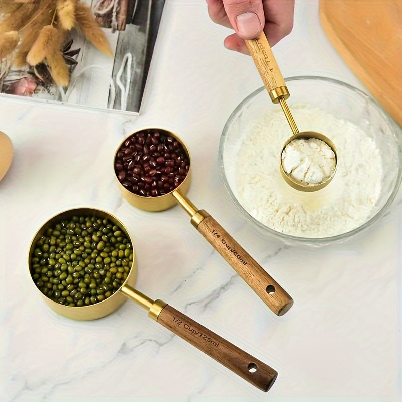 Set of 4 Stainless Steel Measuring Cups and Spoons with Wood Handles