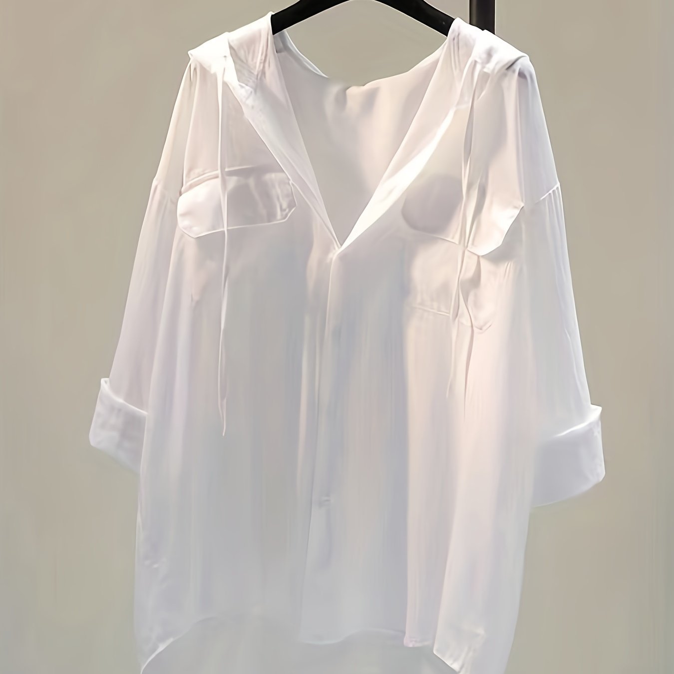 Women's Hooded Blouse with Button Front and Pockets, Solid Polyester Casual Top