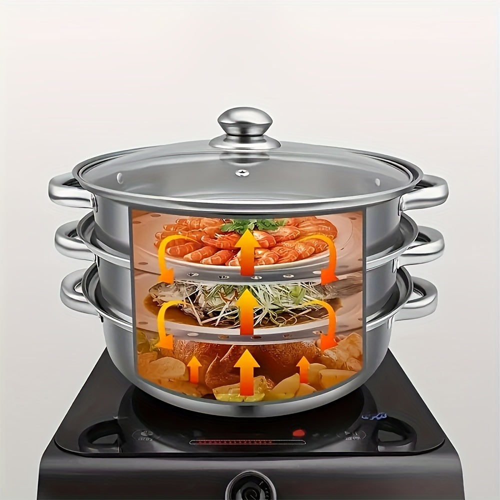 Stainless Steel Soup Steamer with Multiple Layers in Silver