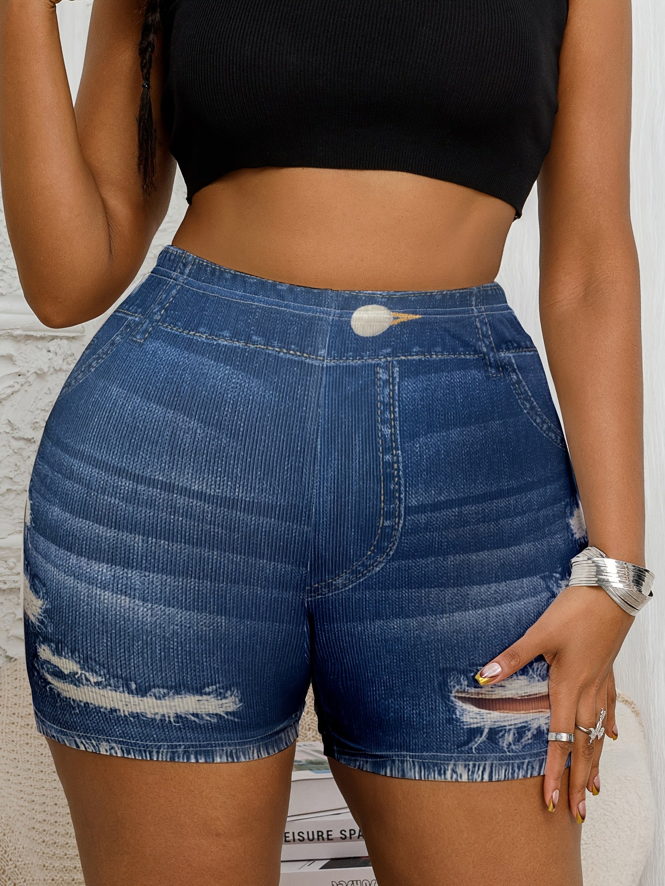 Plus Size Women's Denim Print High-Waisted Skinny Shorts Ripped