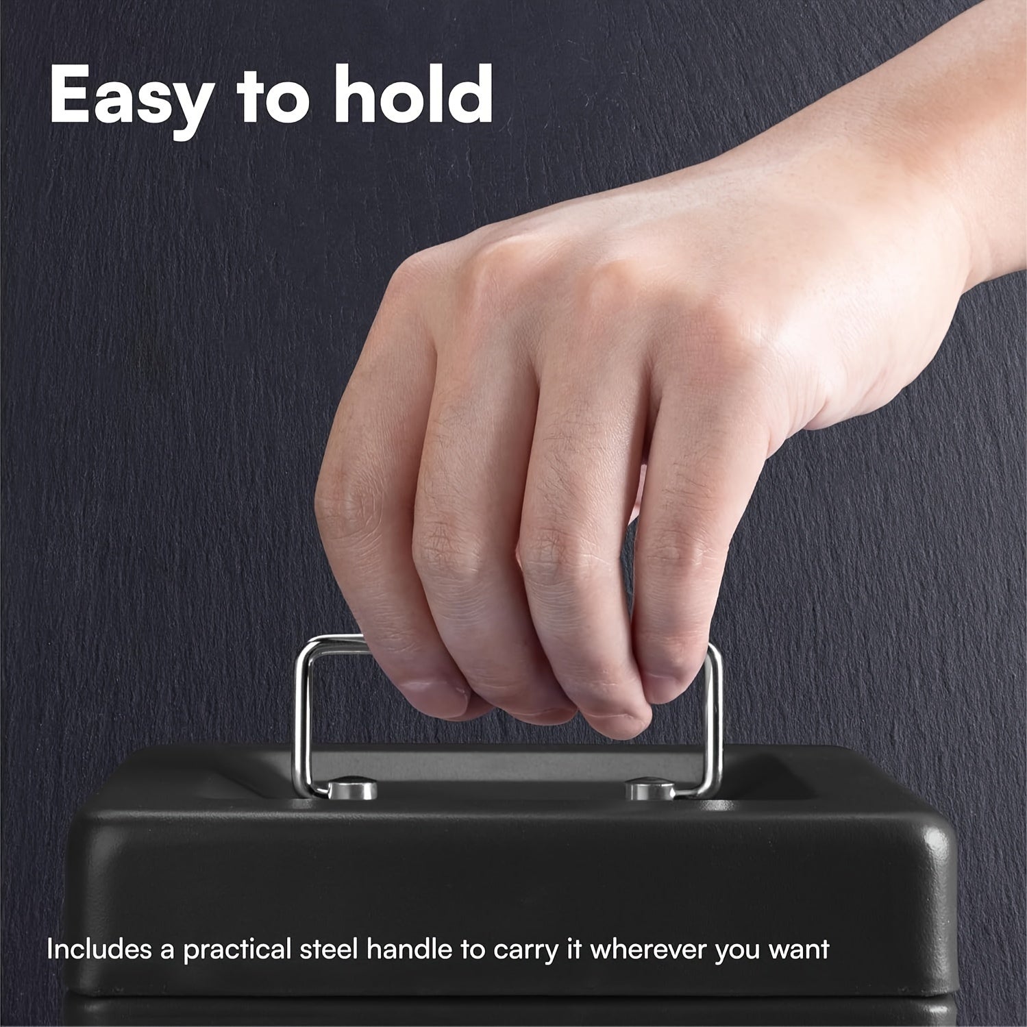 Caja de dinero de metal negra impermeable con cerradura de llave y bandeja extraíble de 6 pulgadas