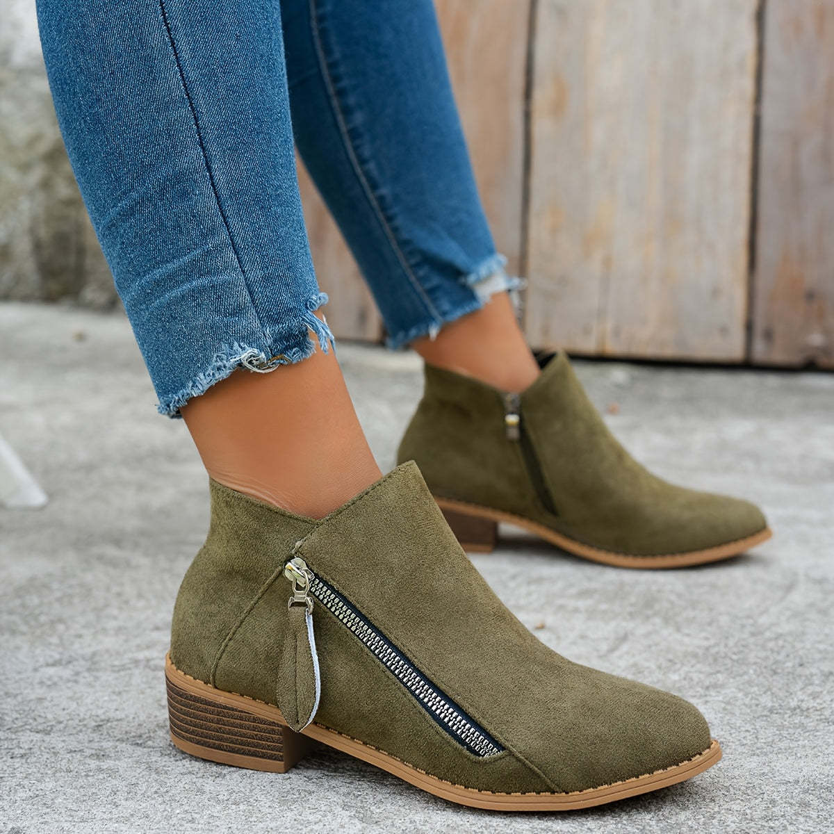 Women's Velvet Ankle Boots, Chunky Heel, Pointed Toe, Side Zipper