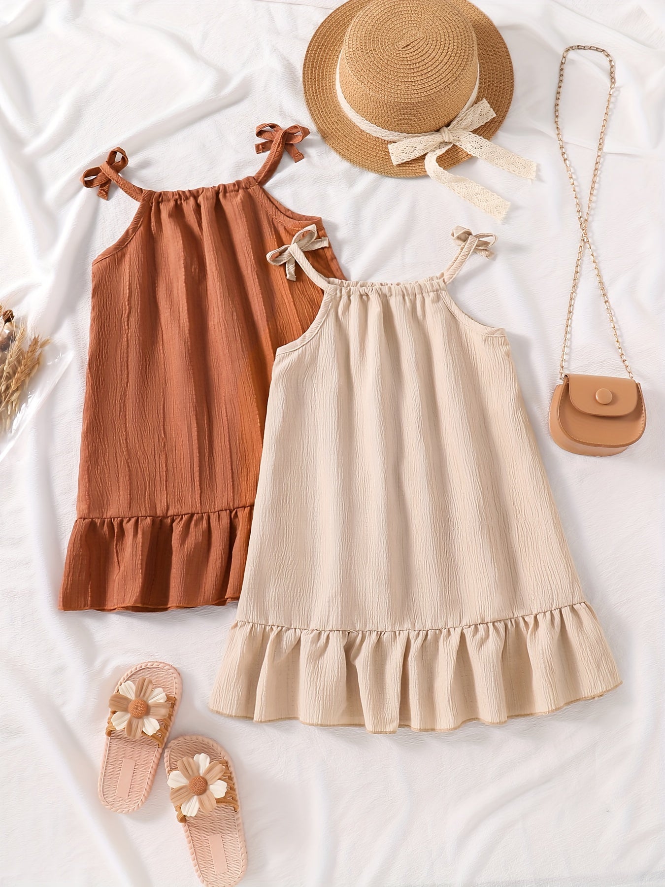 Girls' Summer Princess Dresses Set 2 Breathable Polyester Sleeveless Ruffle Hem for Parties Beach