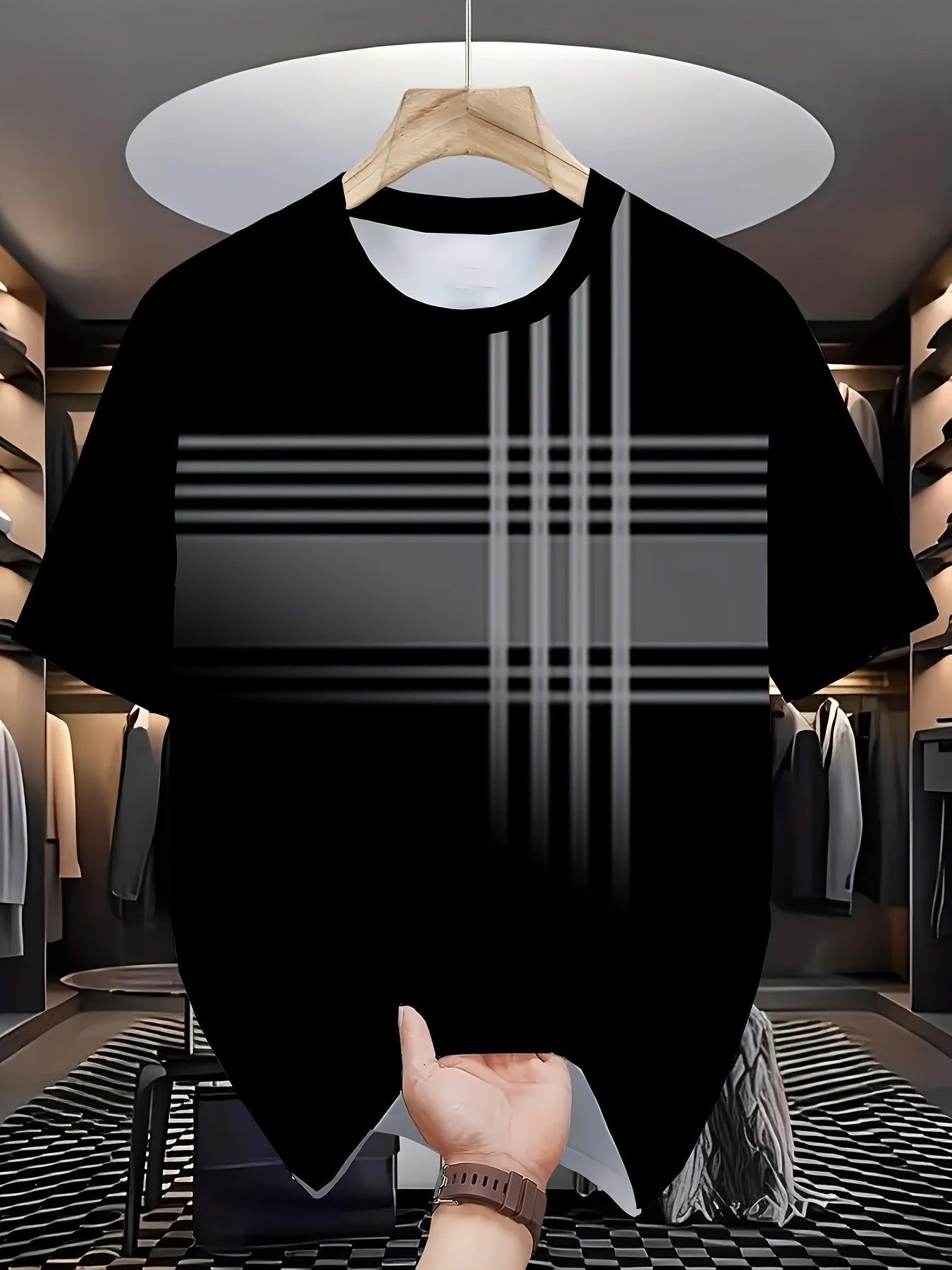 Men's Casual Short Sleeve Plaid and Printed Set Polyester Knit Fabric