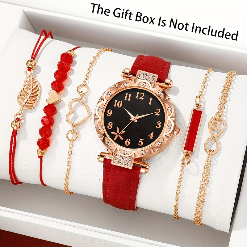Set of 6 Women's Heart Design Quartz Watches with Rhinestones Leather Bands and Bracelets