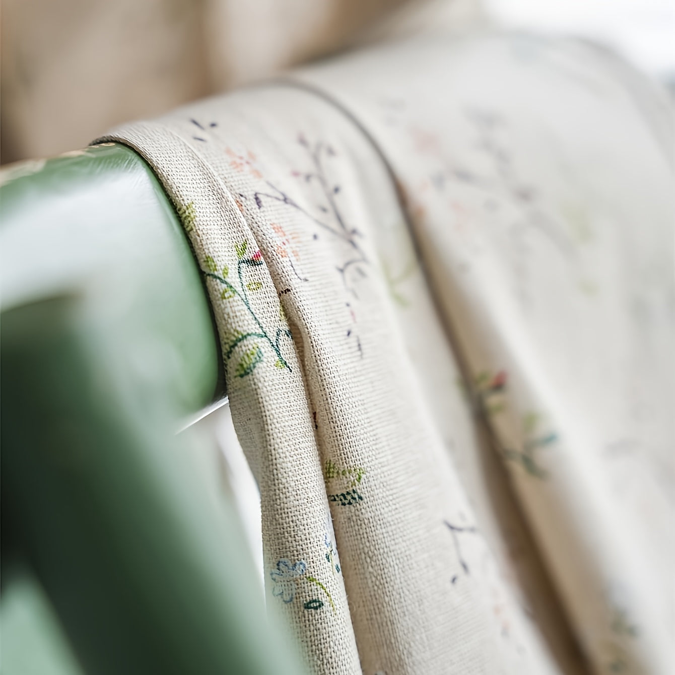 Bohemian Floral Milk-White Linen Curtain with Semi-Shading for Living Room Bedroom Office