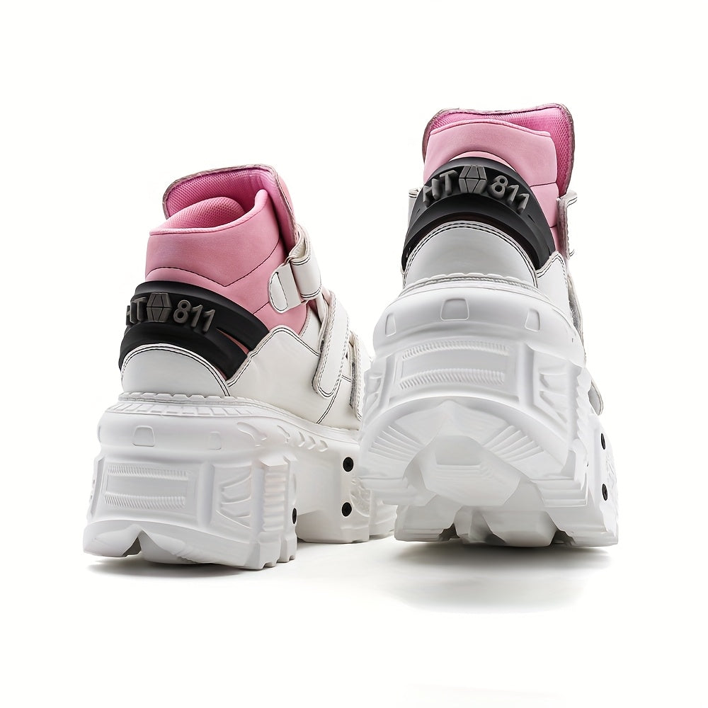 Unisex Retro Punk Platform Lace-Up Shoes Metallic Accents Mesh Casual Footwear