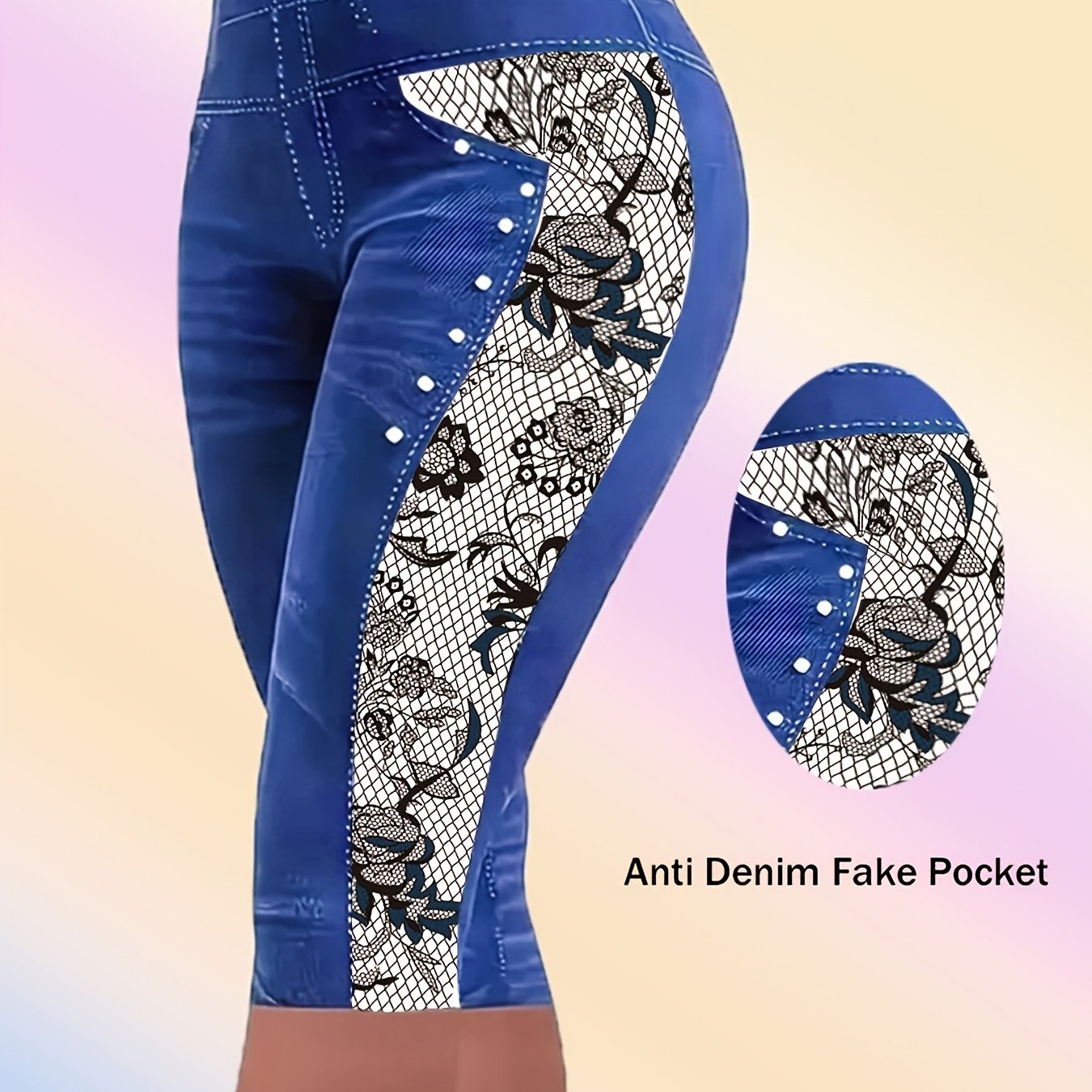 Leggings de mezclilla de talle alto para mujer de tallas grandes con estampado de encaje de calavera