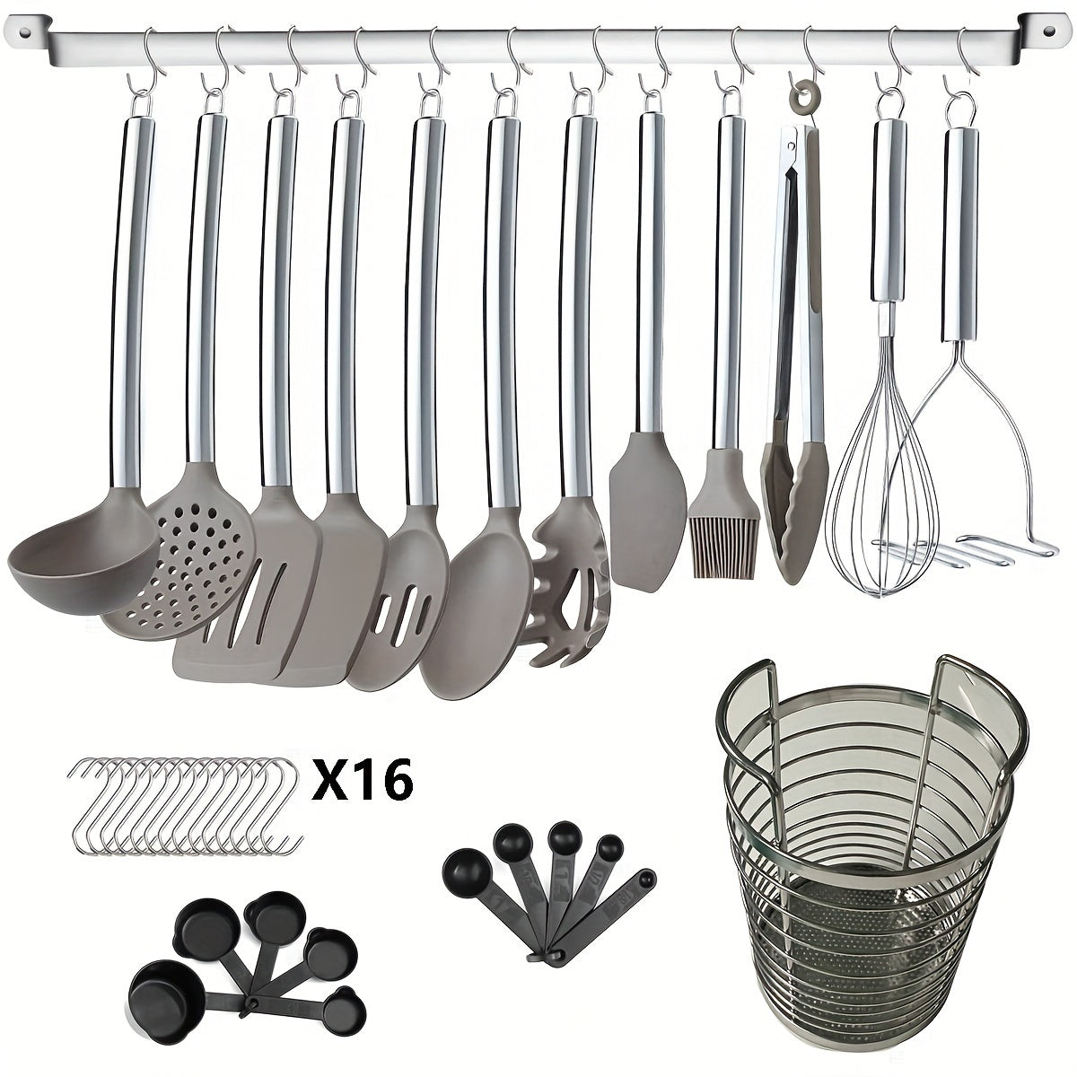 Juego de 39 utensilios de silicona antiadherente para cocina con soporte de acero inoxidable