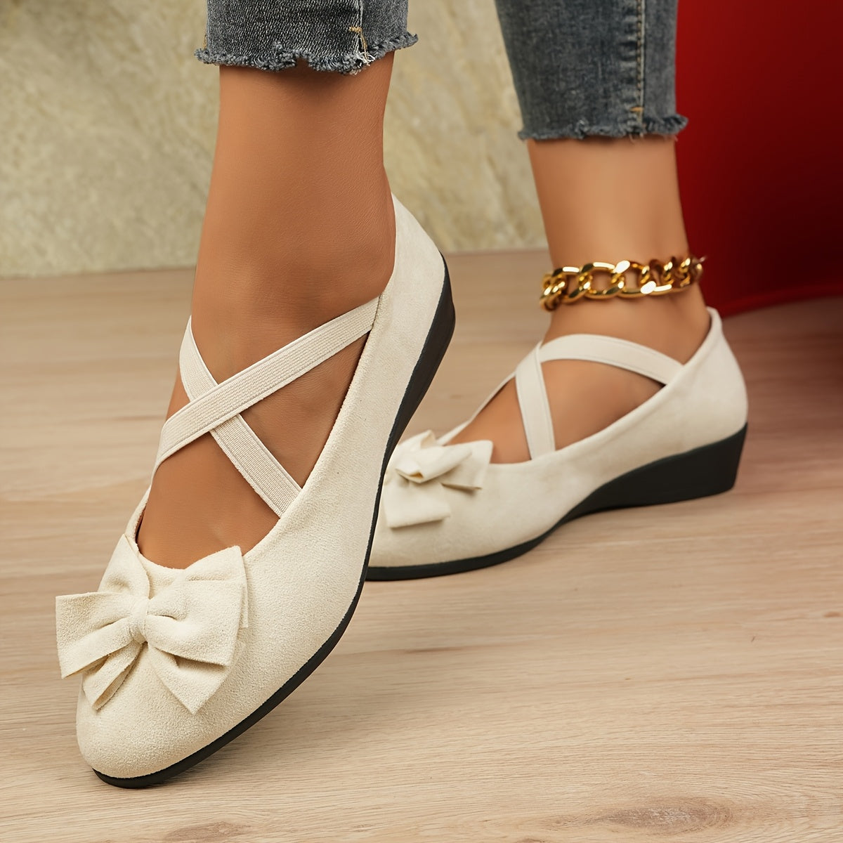 Women's Gray Mary Jane Flats with Bow - Lightweight Slip-On Comfort Shoes