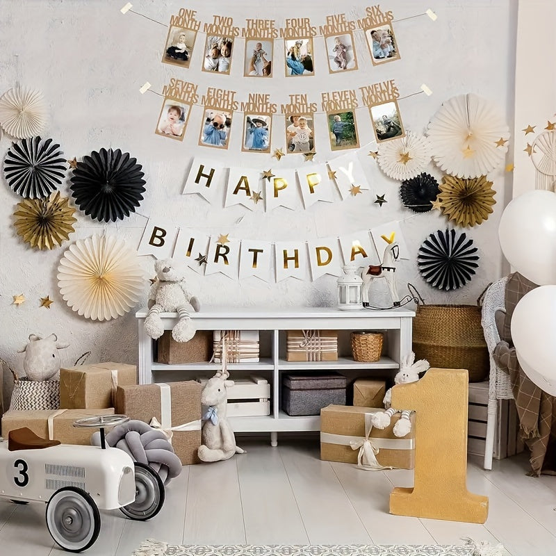 Первый день рождения фотоплакат для мальчиков или девочек, венок с ежемесячными достижениями, 12 месяцев