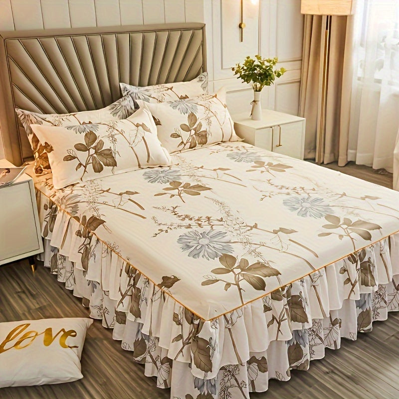 Contemporary Floral Bedding Set with Ruffle Skirt and Pillowcases Polyester Fiber Woven Active Printing