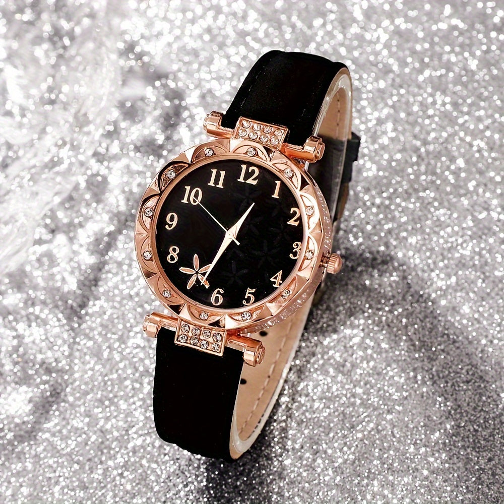 Conjunto de reloj de cuarzo negro con correas de cuero PU, manecillas de aleación de zinc, joyería y regalo
